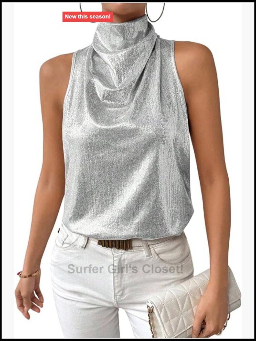 Women's Metallic Sleeveless Mock Neck Halter Tank Top